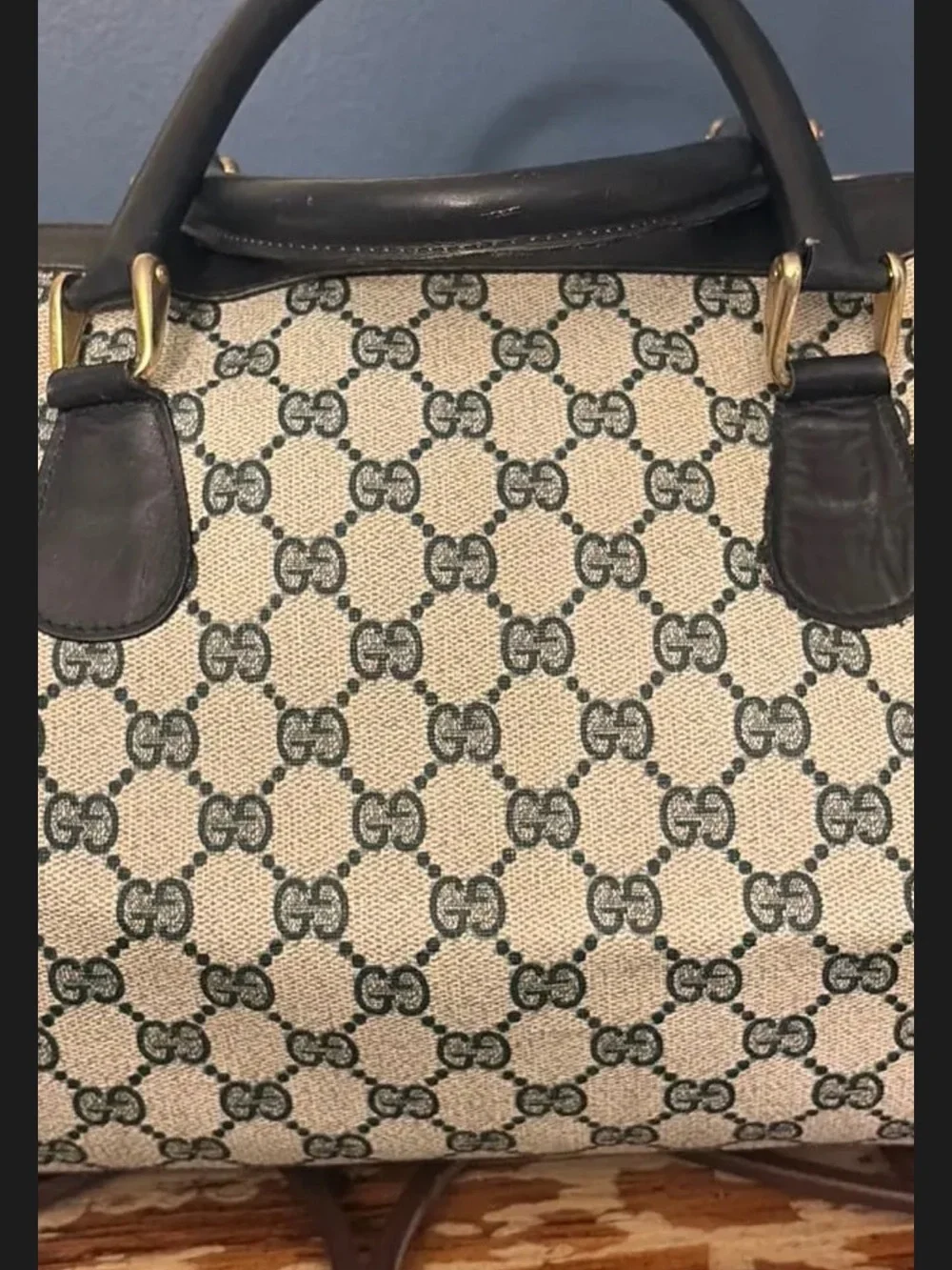 Gucci Beige Monogram Canvas Satchel with Black Leather Trim